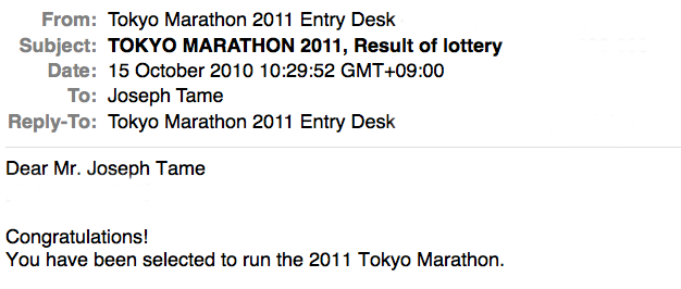 Success! Tokyo Marathon lottery result